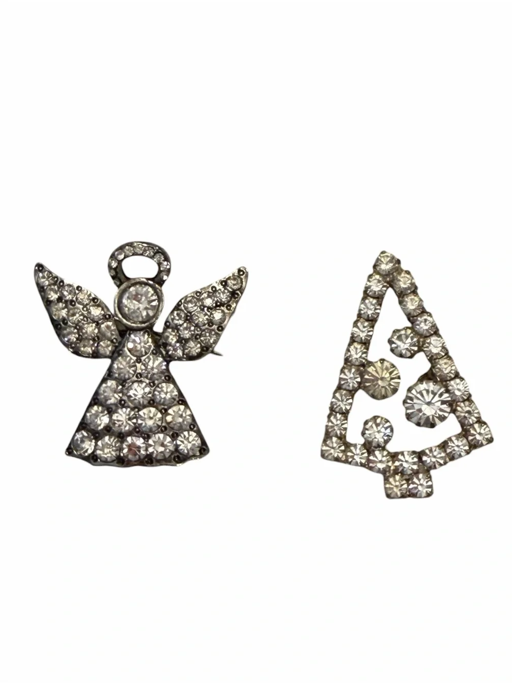 2 Pc Silver Tone Brooch Lot Rhinestones Petite‎ Christmas Tree & Angel Holiday